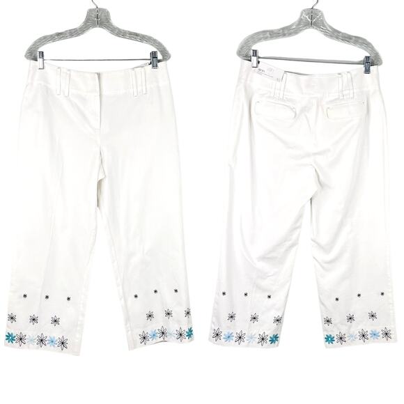 Ann Taylor LOFT Ann Pants Cropped 10 White Embroidered Flowers - Picture 1 of 11